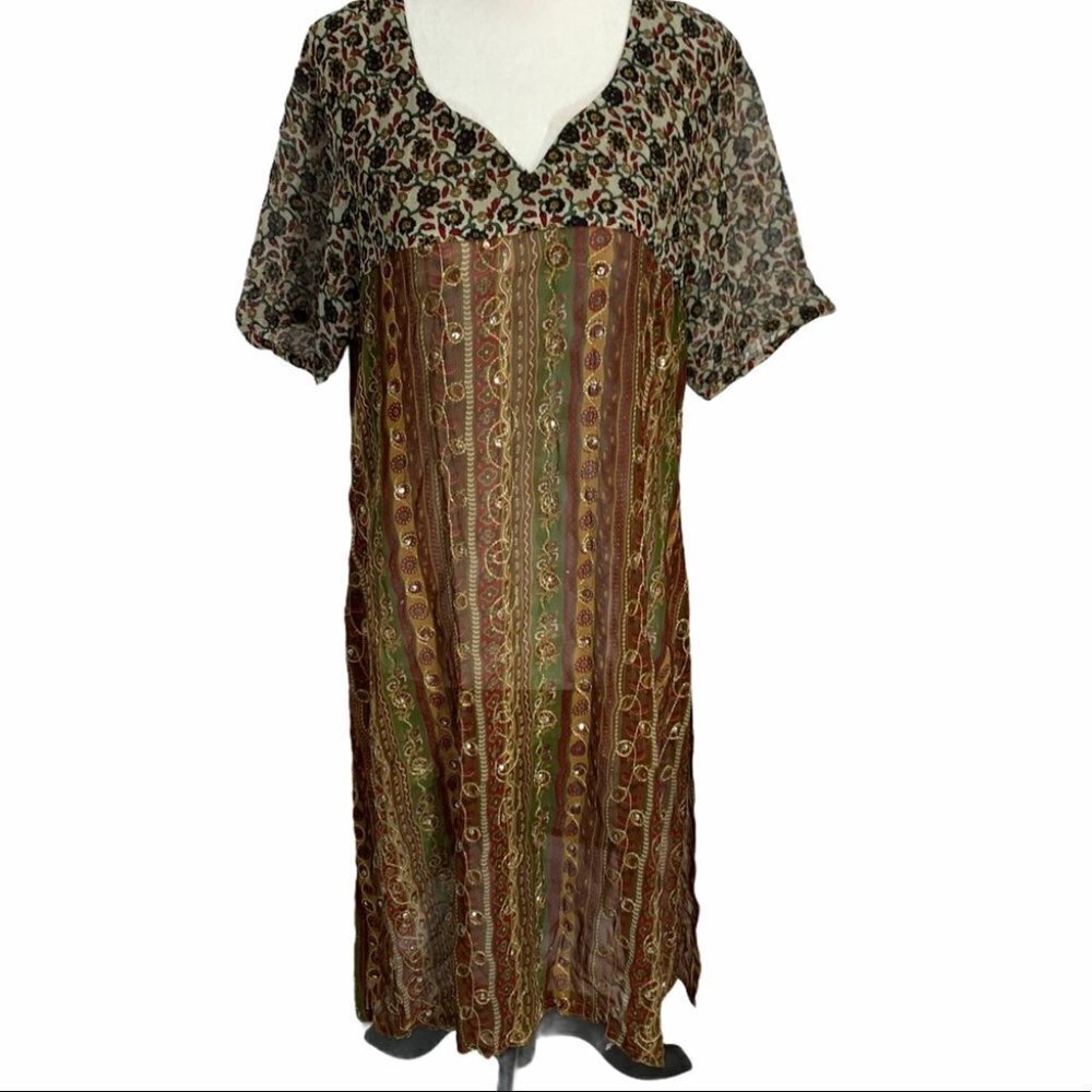 VINTAGE💐V-NECK Beige  Gauze Dress/Swimsuit Coverup L
